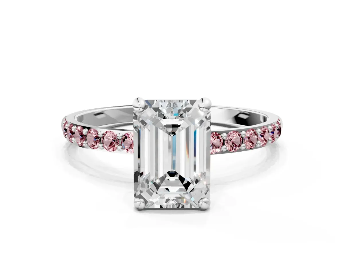 Emerald Cut Diamond Solitaire Ring with Round Morganite Pavé Band and Prong Setting Silver