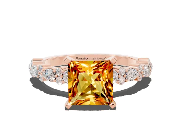 Princess Cut Citrine Side Stone Solitaire Ring with Round and Four-Prong Setting Rose gold
