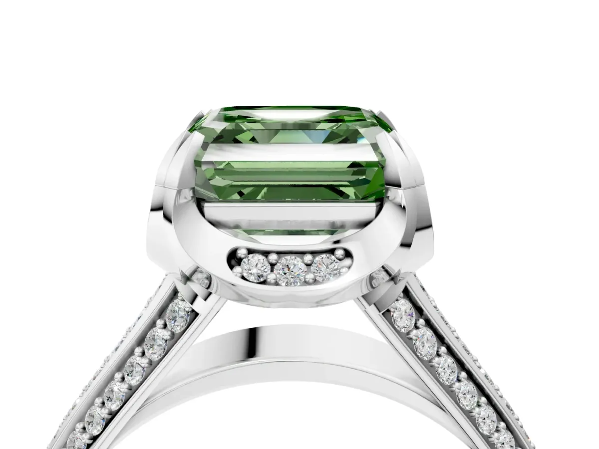 Fancy Green Asscher Cut Solitaire Pave Split Shank Ring with Four-Prong Setting Platinum
