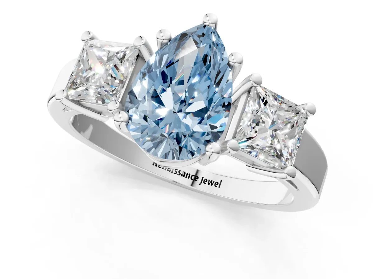 Fancy Blue Three-Stone Pear Cut Cut Solitaire Ring with Prong Setting White gold