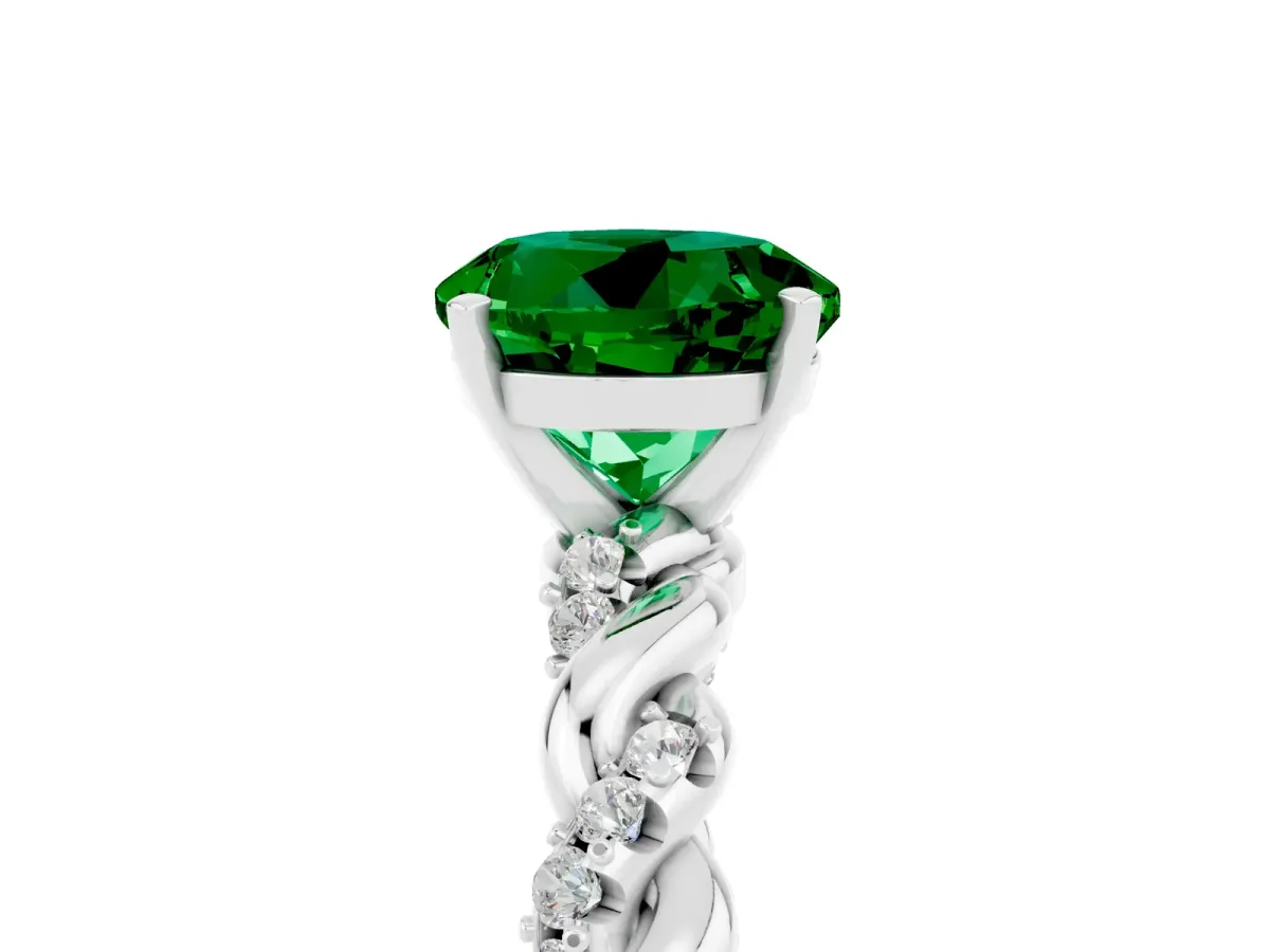 Round Cut Emerald Solitaire Ring with Twisted Band and Pavé Accents Silver