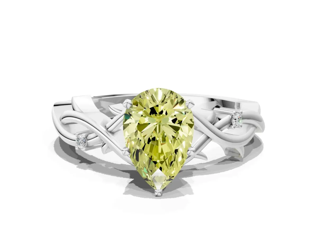 Fancy Yellow Pear Cut Diamond Solitaire Ring with Twisted Band and Prong Setting Platinum
