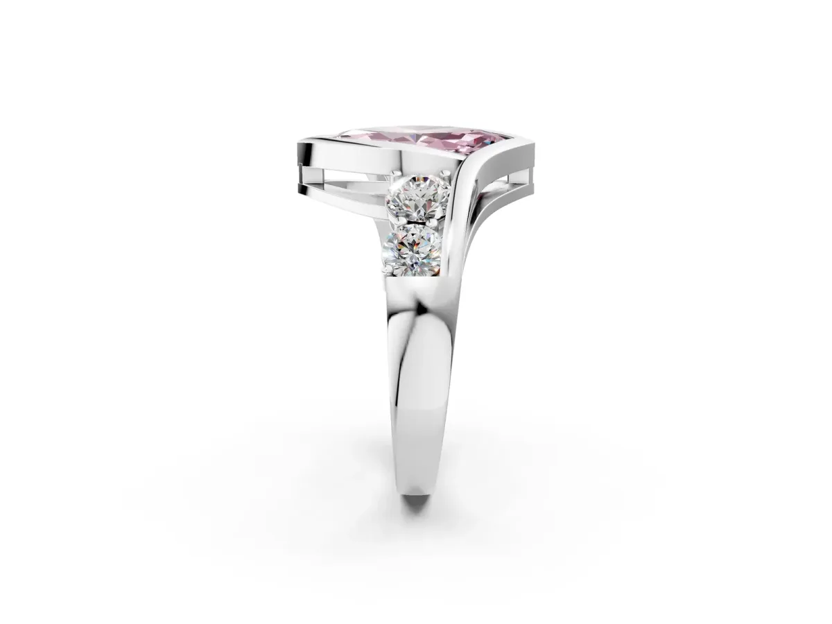 Fancy Pink Bezel Set Marquise Cut Diamond Bypass Ring with Round Accents Silver
