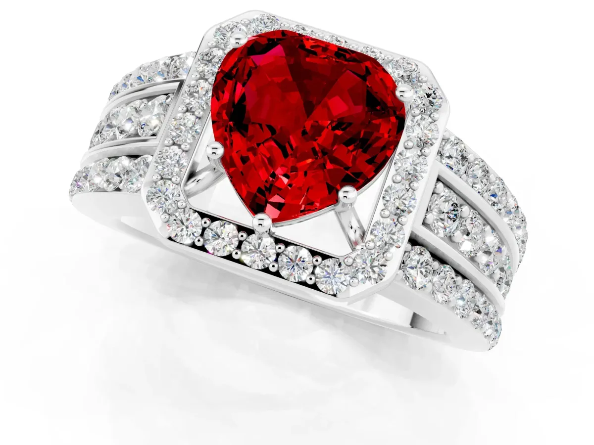 Heart Cut Halo Ruby Ring with Round Split Shank and Prong Setting Silver