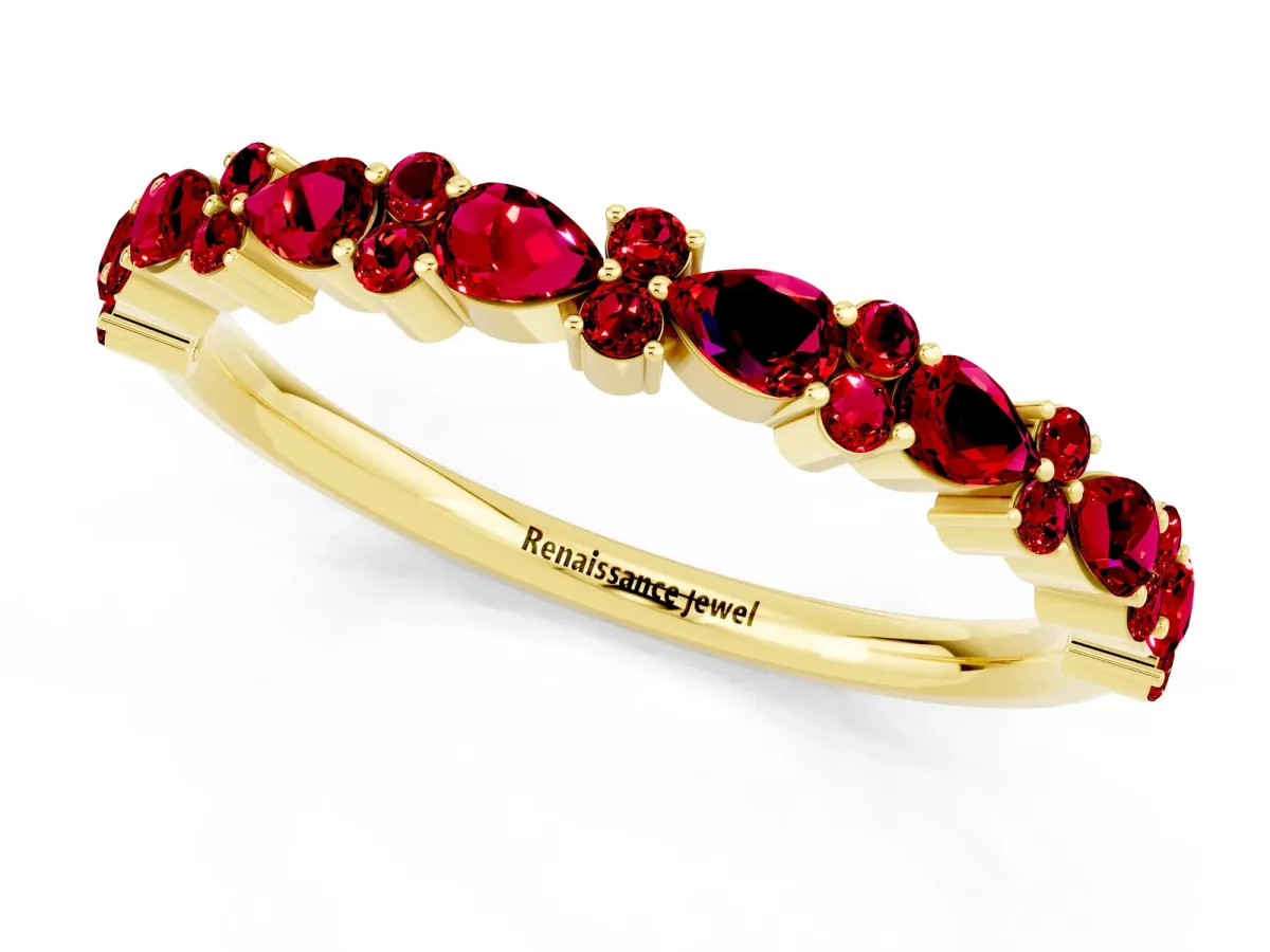 Pear and Round Ruby Wedding Band Yellow gold