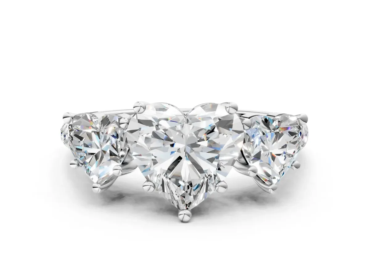 Three-Stone Heart Cut Diamond Ring with Round Pavé Band and Prong Setting Platinum