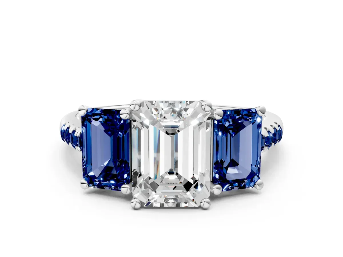 Three-Stone Emerald Cut Diamond Ring with Round Blue Sapphire Pavé Band and Prong Setting Silver