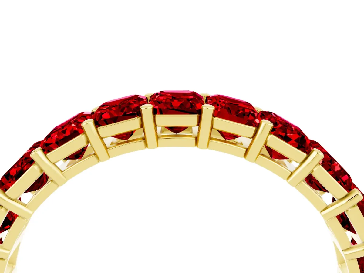 Emerald Cut Ruby Eternity Band with Shared Prong Setting Yellow gold
