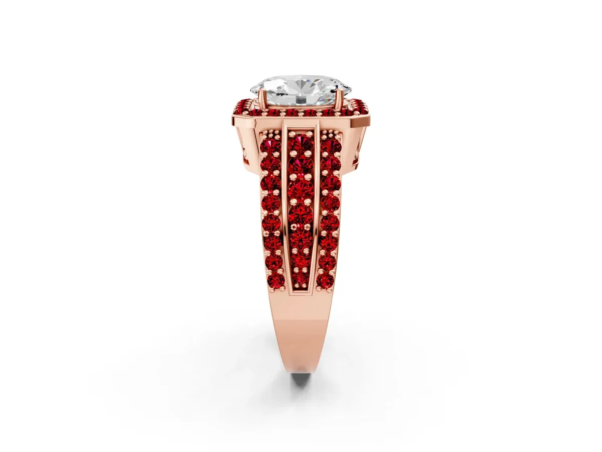 Oval Cut Halo Diamond Ring with Round Ruby Split Shank and Prong Setting Rose gold