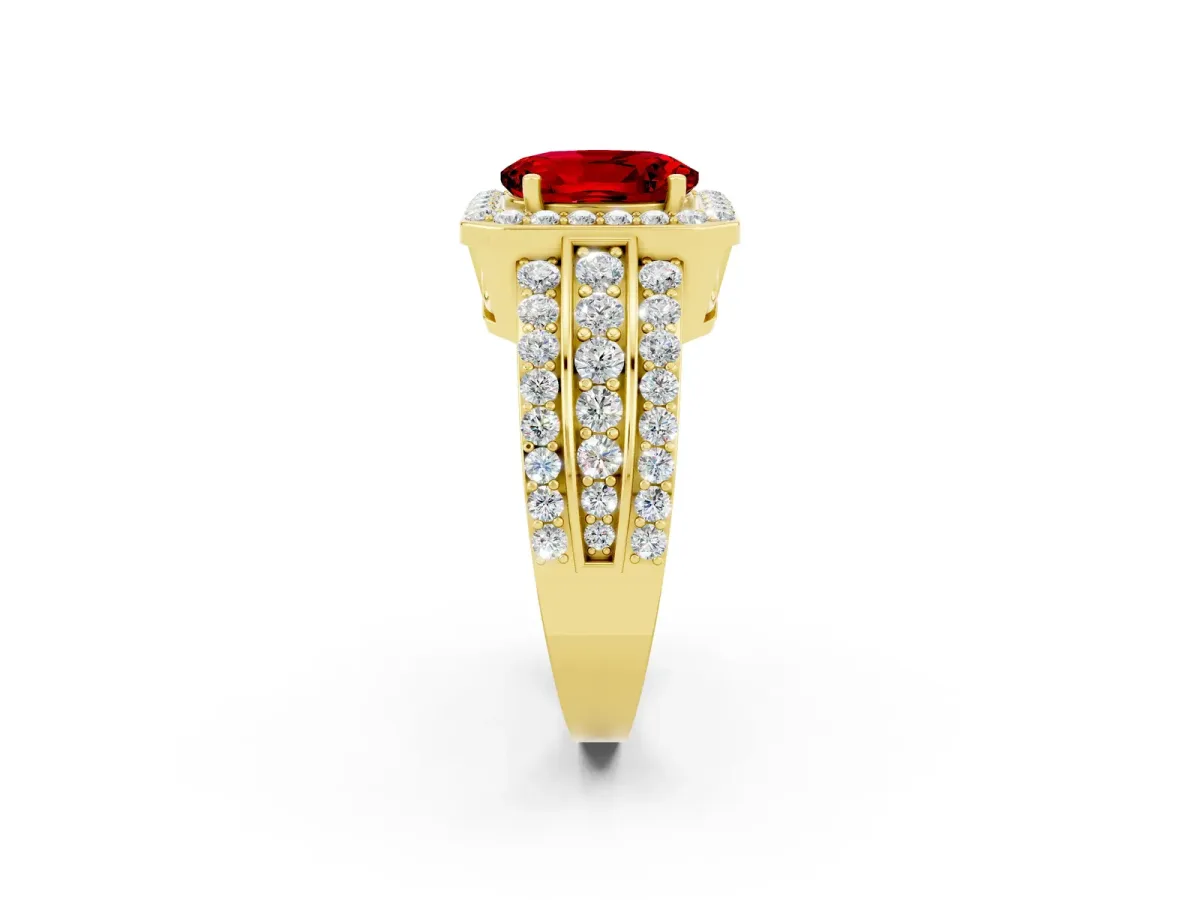 Oval Cut Halo Ruby Ring with Round Split Shank and Prong Setting Yellow gold