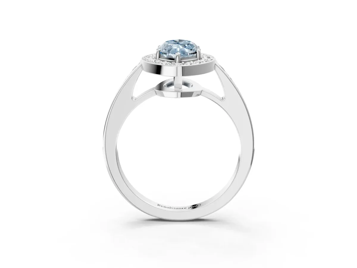 Fancy Blue Marquise Cut Halo Pavé Diamond Engagement Ring with Bezel Setting Silver