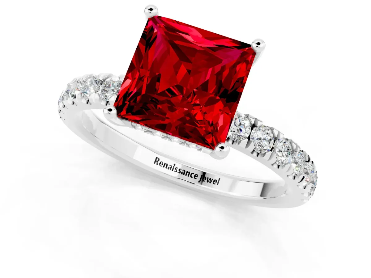 Princess Cut Ruby Pave Band Solitaire Ring with Round and Prong Setting Platinum