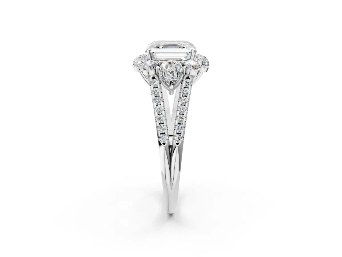Asscher Cut Halo Split Shank Diamond Engagement Ring with Prong Setting Platinum