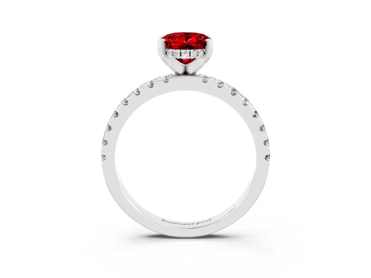 Oval Cut Ruby Solitaire Ring with Round Pavé Band and Four-Prong Setting Silver