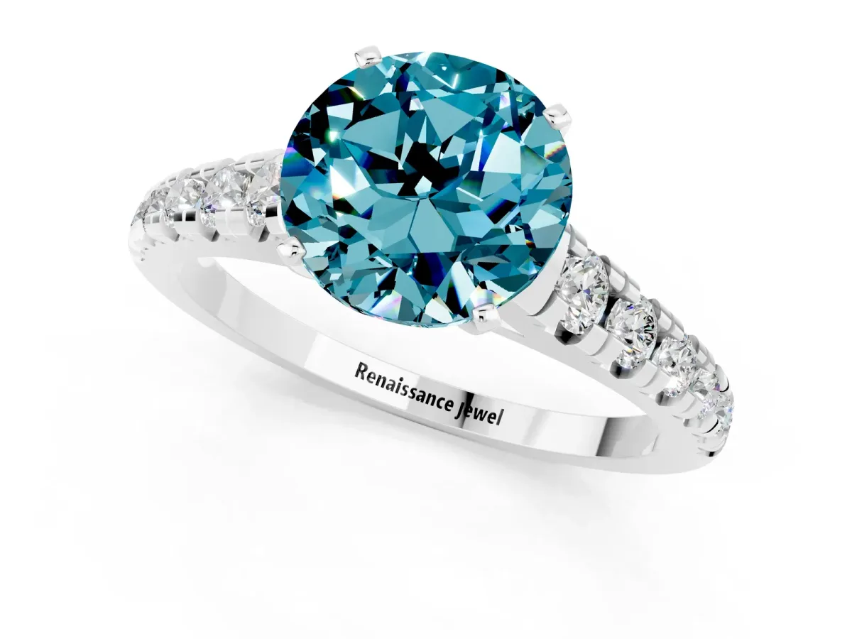 Round Cut Blue Topaz Cathedral Solitaire Ring with Round Pavé Band Silver
