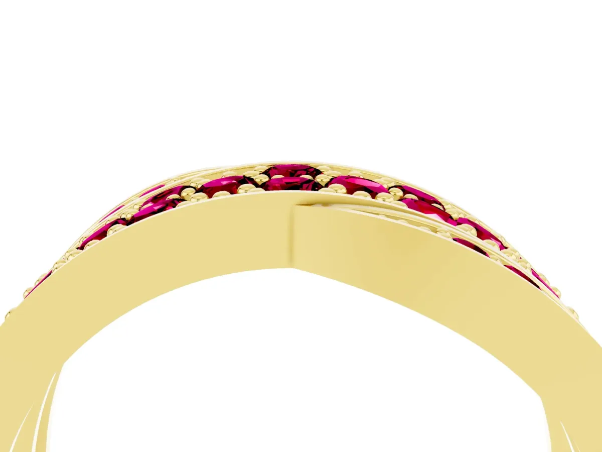 Pavé Round Garnet Crossover Band with Bead Prong Setting Yellow gold
