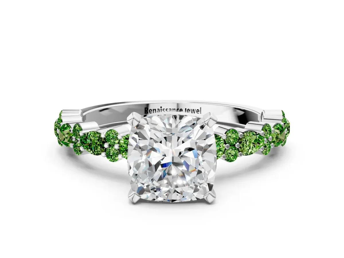 Cushion Cut Diamond Side Stone Solitaire Ring with Round Peridot and Four-Prong Setting Silver
