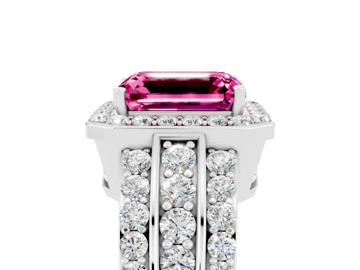 Emerald Cut Halo Pink Sapphire Ring with Round Split Shank and Prong Setting Silver