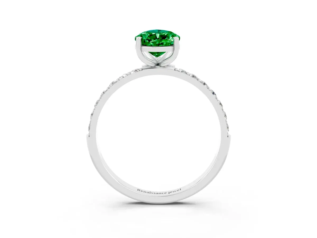 Pear Cut Emerald Solitaire Ring with Round Pavé Band and Prong Setting White gold