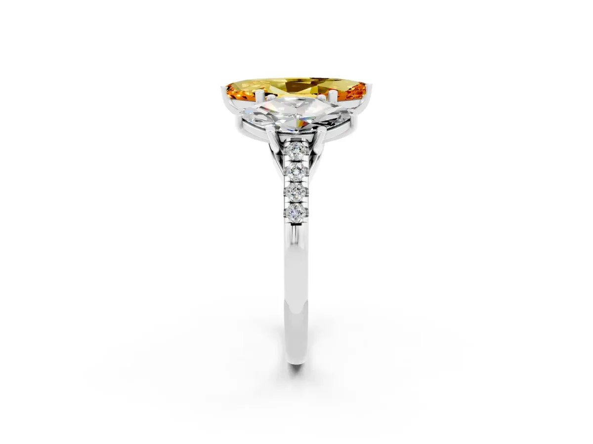 Three-Stone Marquise Cut Citrine Ring with Round Pavé Band and Prong Setting Silver