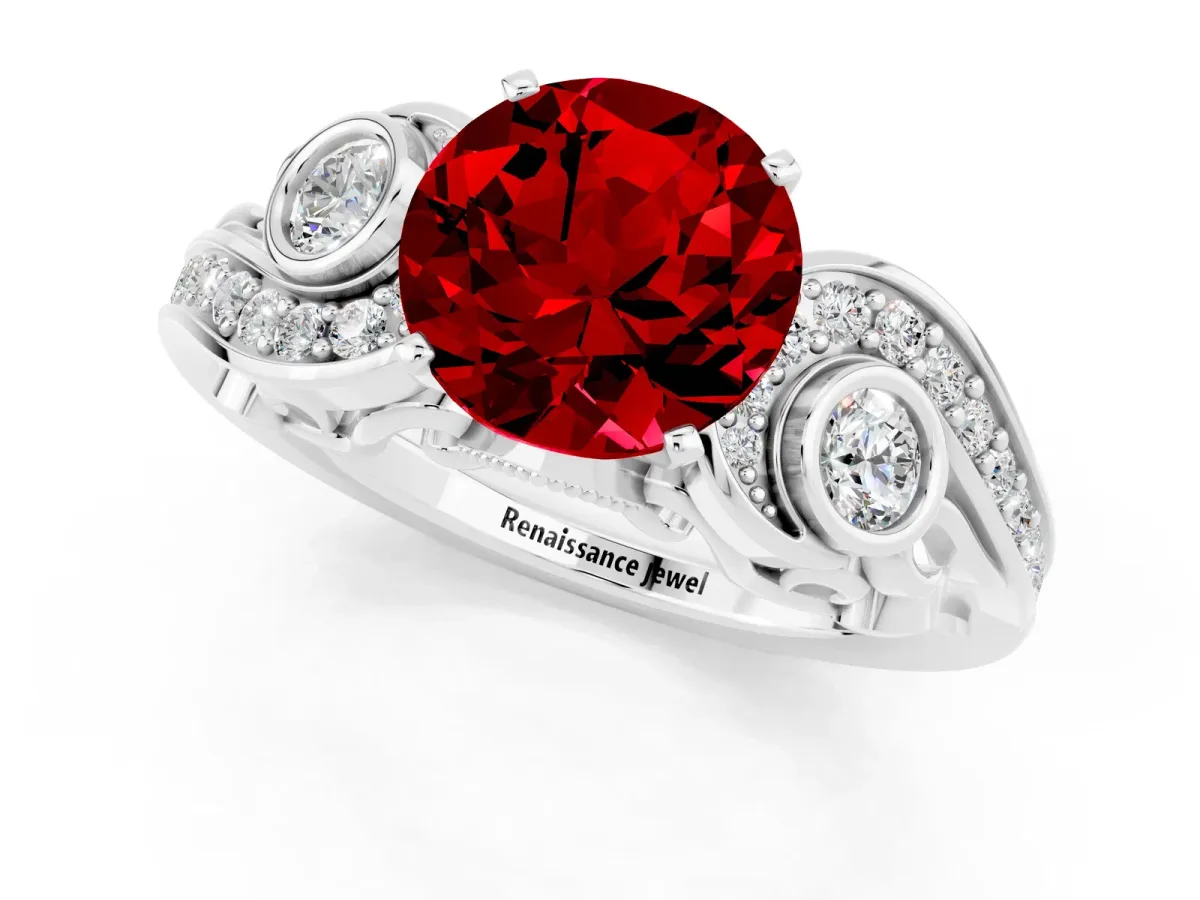 Round Cut Ruby Solitaire Ring with Milgrain Pavé Band and Four-Prong Setting Silver