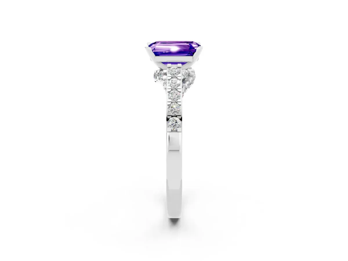 Emerald Cut Tanzanite Solitaire Ring with Crossover Gallery and Round Pavé Band Silver