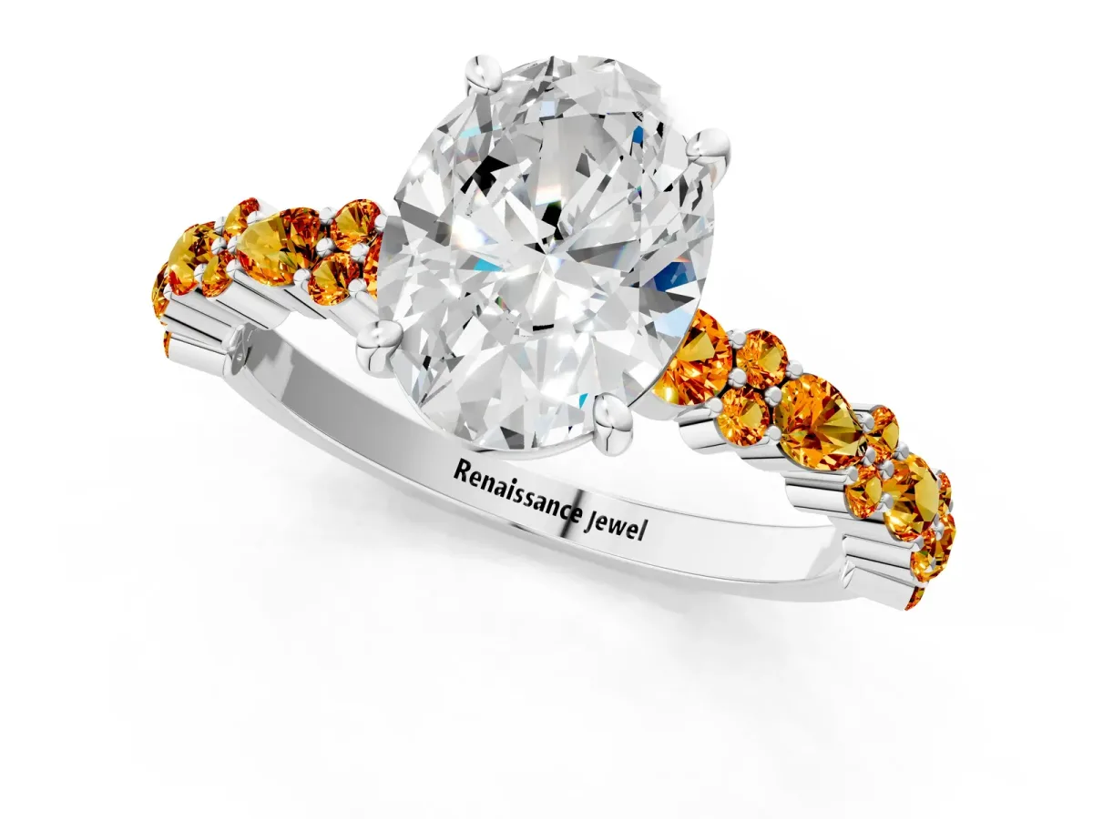 Oval Cut Diamond Side Stone Solitaire Ring with Round Citrine and Four-Prong Setting White gold