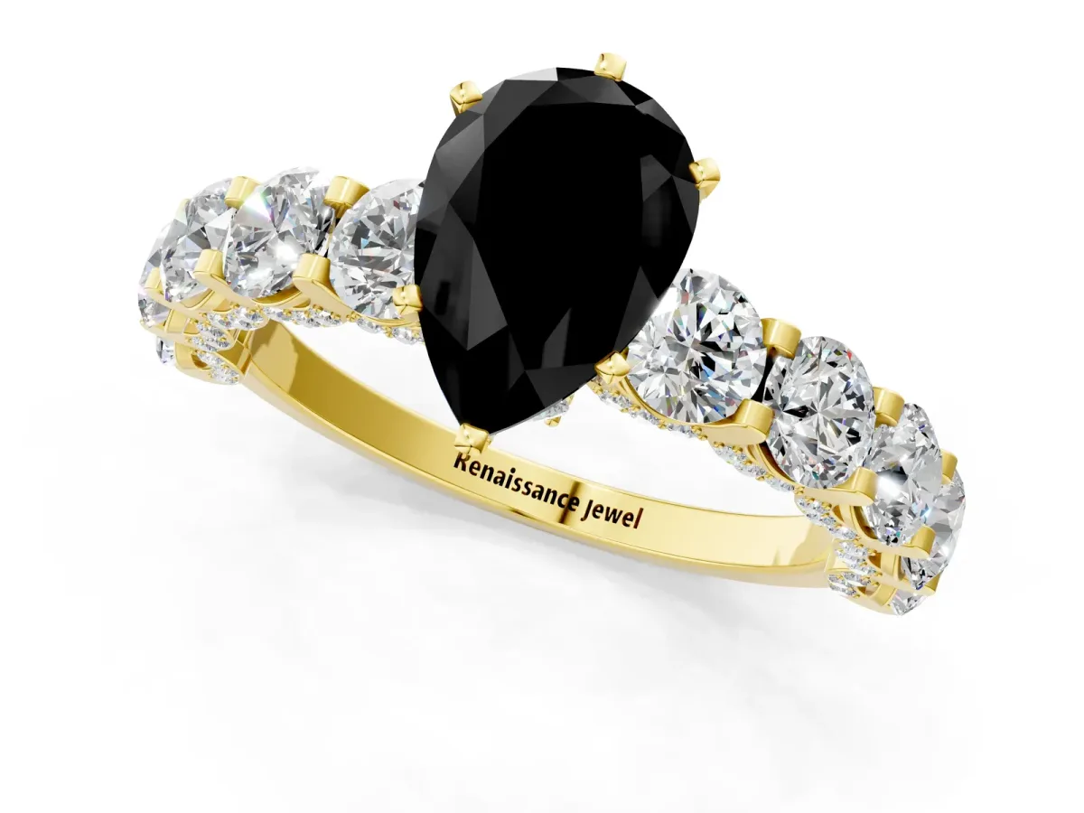 Fancy Black Pear Cut Diamond Side Stone Engagement Ring with Four-Prong Setting Yellow gold