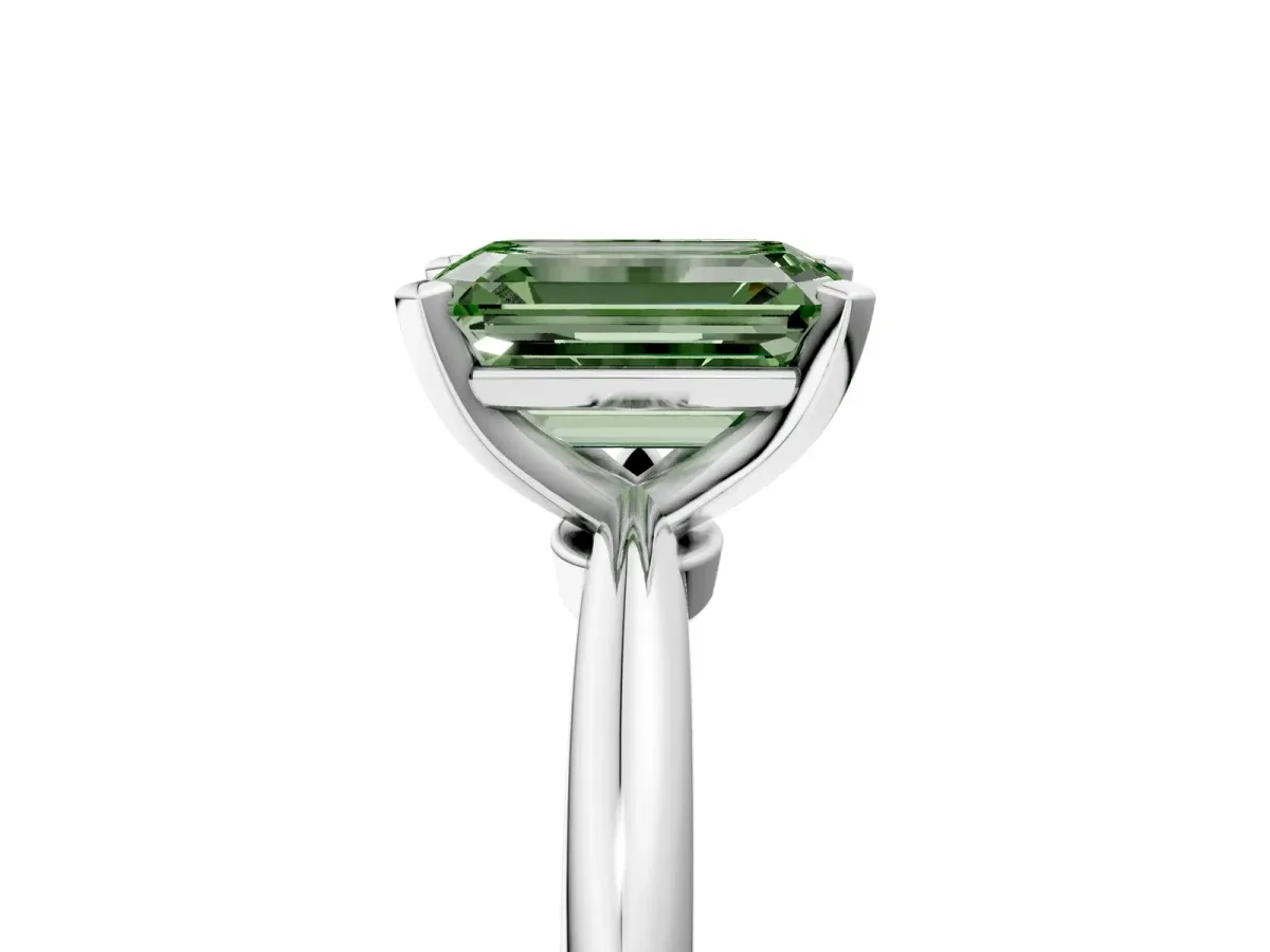 Fancy Green Emerald Cut Diamond Solitaire Ring with Six-Prong Setting and Classic Band Silver