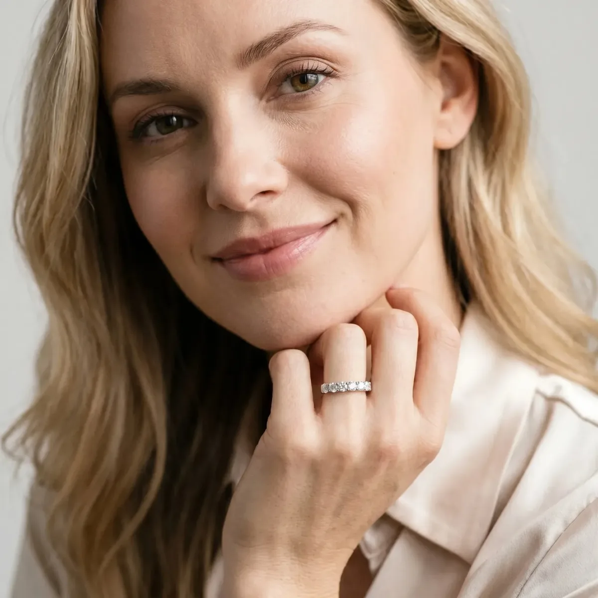 Round Diamond Half-Eternity Band with Shared Prong Setting Silver