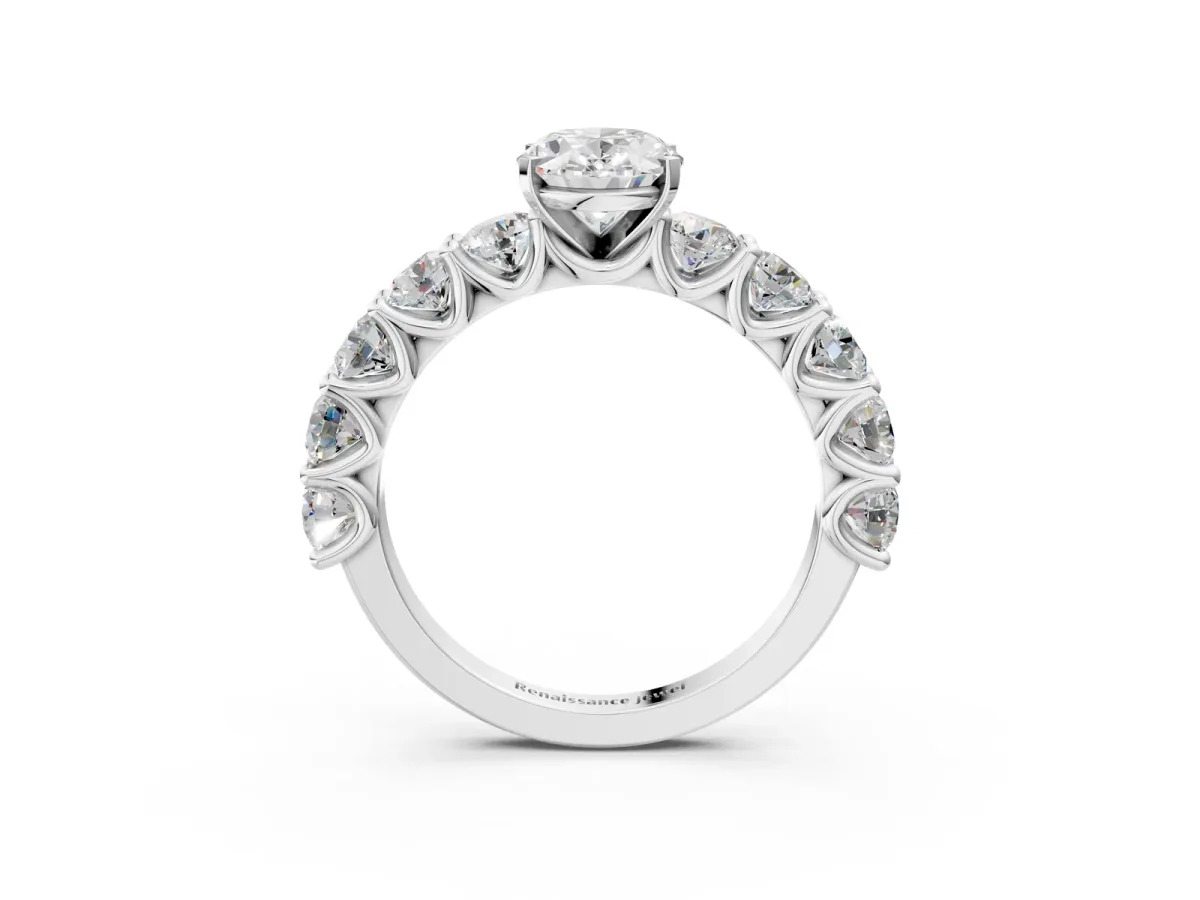 Oval Cut Diamond Prong Setting with Side Stones on a Pave Band White gold