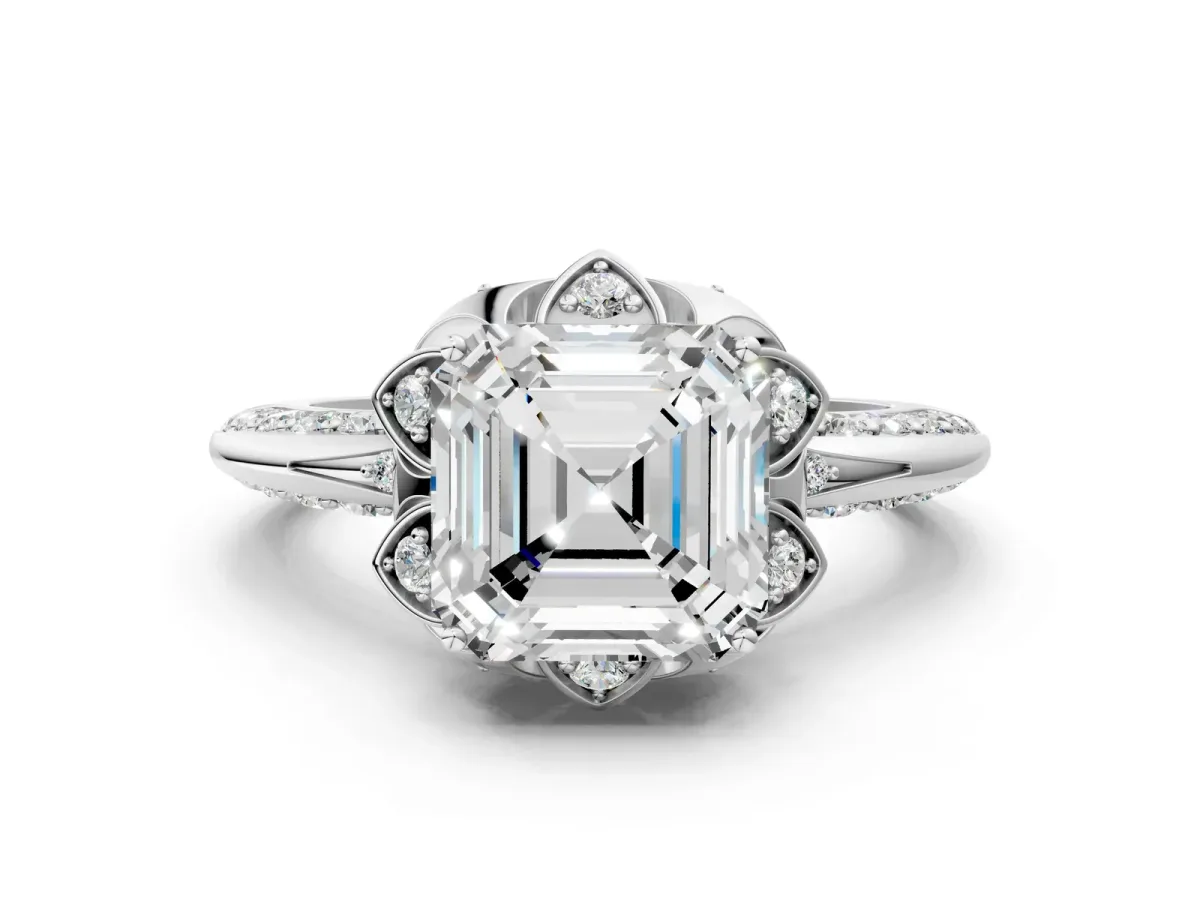 Asscher Cut Halo Split Shank Pave Diamond Ring with Petal Prong Setting Platinum