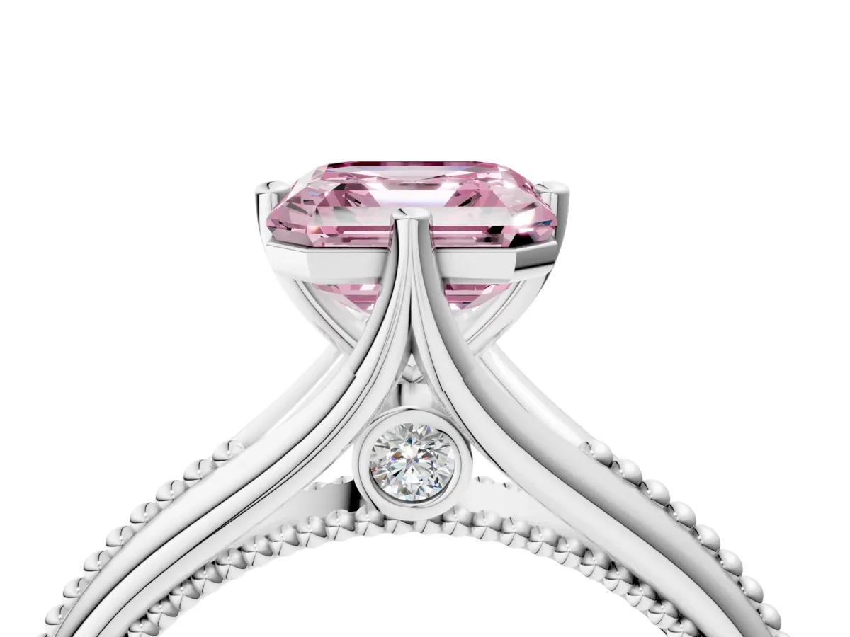 Fancy Pink Asscher Cut Solitaire Beaded Band Six-Prong Setting Platinum