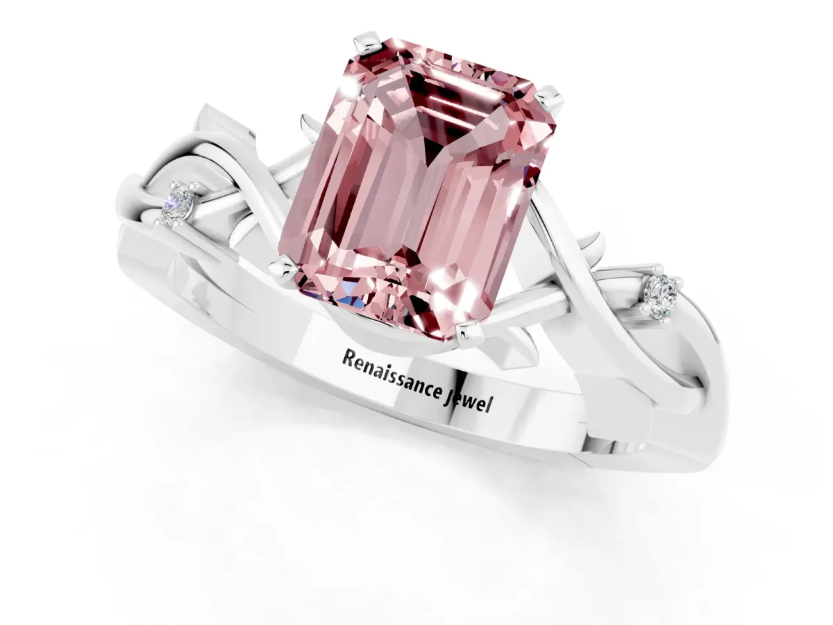 Emerald Cut Morganite Solitaire Ring with Twisted Band and Prong Setting Silver