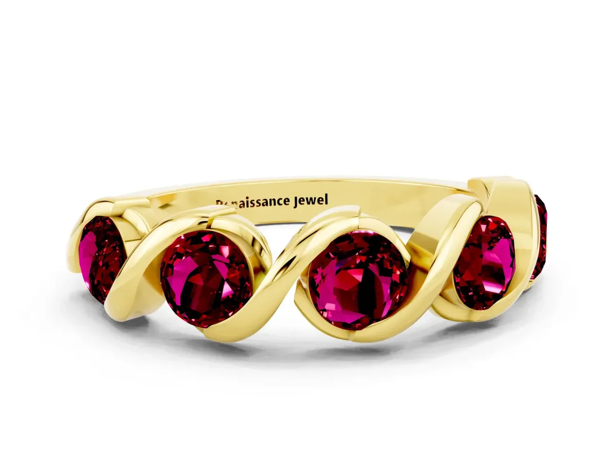 Round Garnet Wave Band with Channel Setting and Shared Prongs Yellow gold
