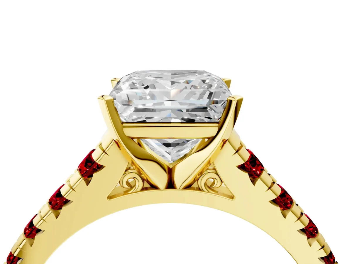 Princess Cut Diamond Cathedral Solitaire Ring with Round Ruby Pavé Band Yellow gold