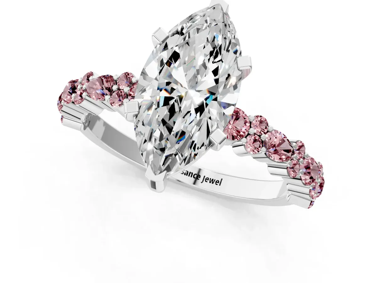 Marquise Cut Diamond Side Stone Solitaire Ring with Round Morganite and Four-Prong Setting Silver