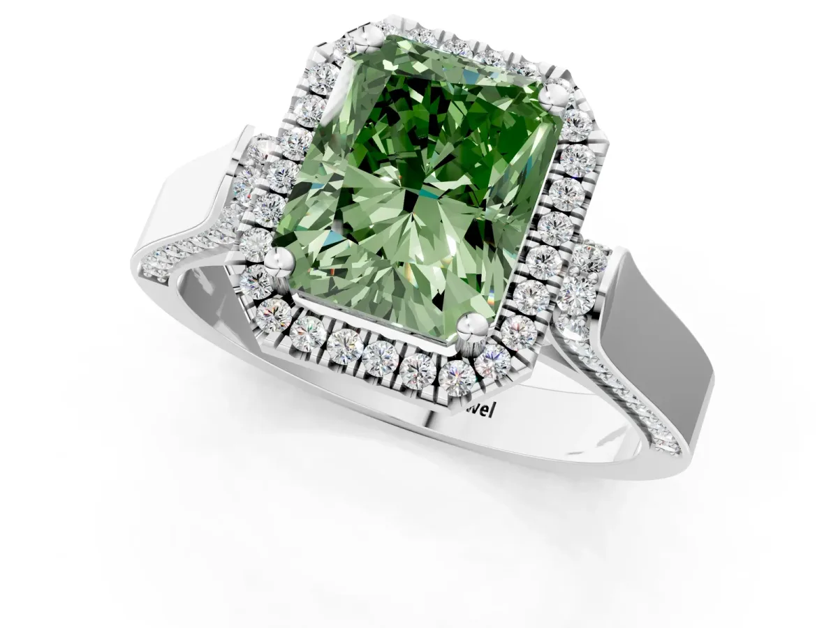 Fancy Green Radiant Cut Halo Pave Split Shank Prong Setting Ring Platinum