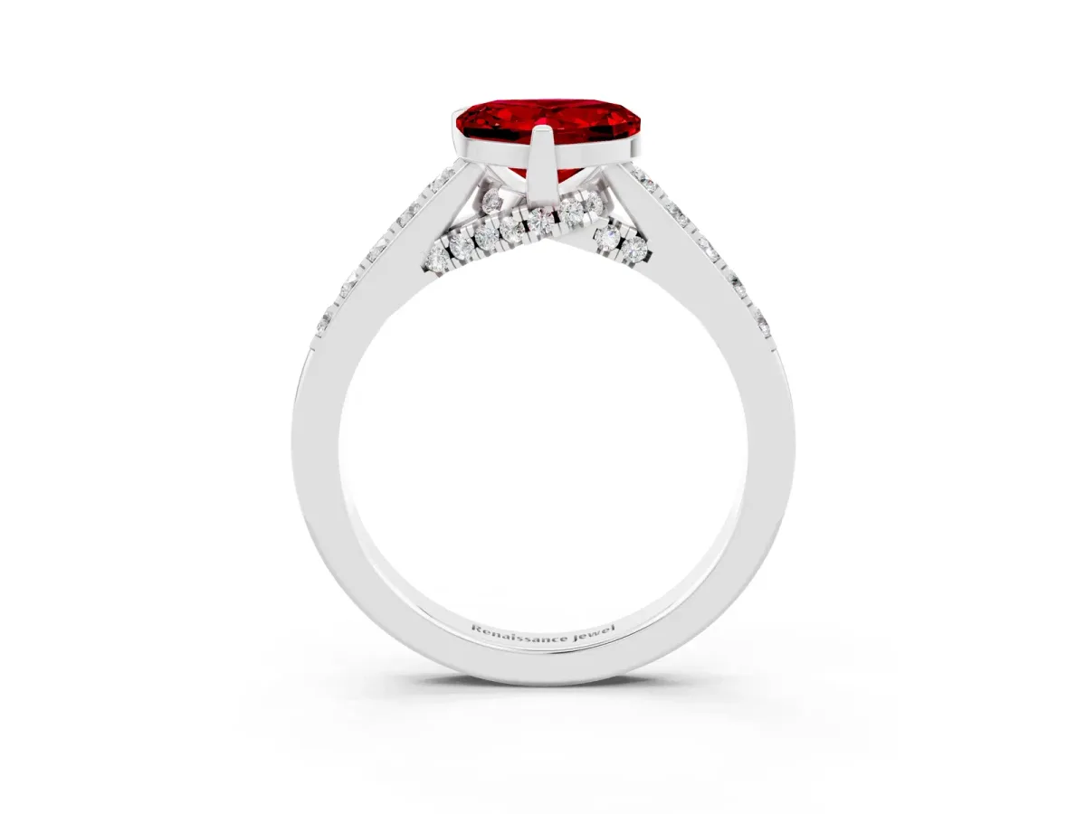 Heart Cut Ruby Solitaire Ring with Crossover Gallery and Round Pavé Band Silver