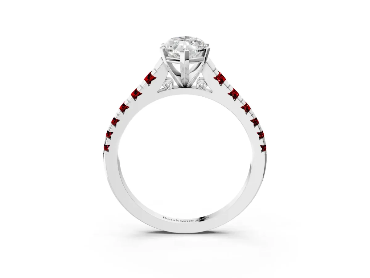 Marquise Cut Diamond Cathedral Solitaire Ring with Round Ruby Pavé Band White gold