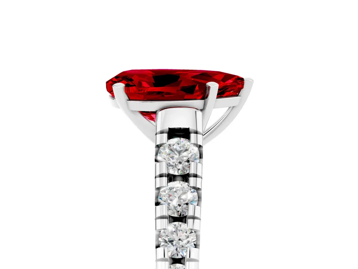 Pear Cut Ruby Cathedral Solitaire Ring with Round Pavé Band Platinum