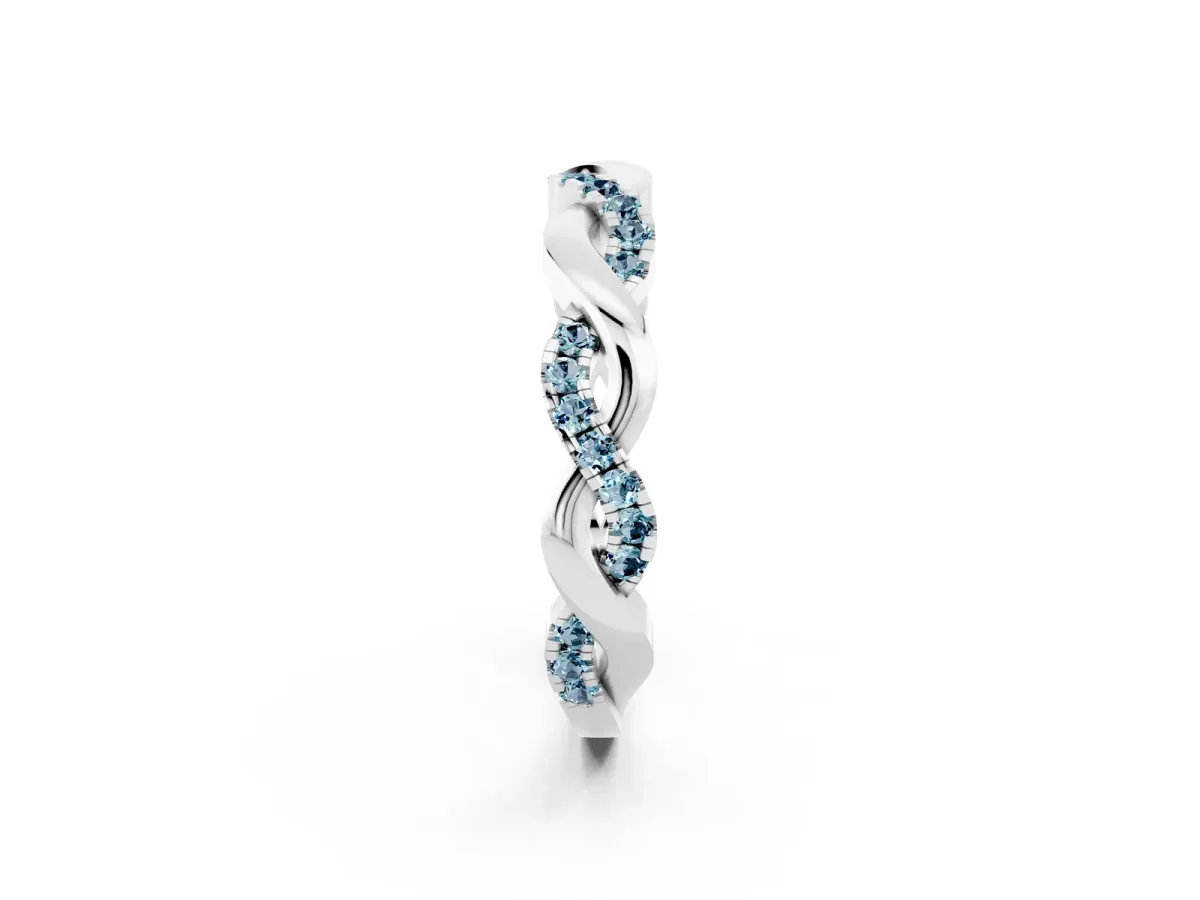 Pavé Round Aquamarine Twist Eternity Band with Shared Prong Setting Silver