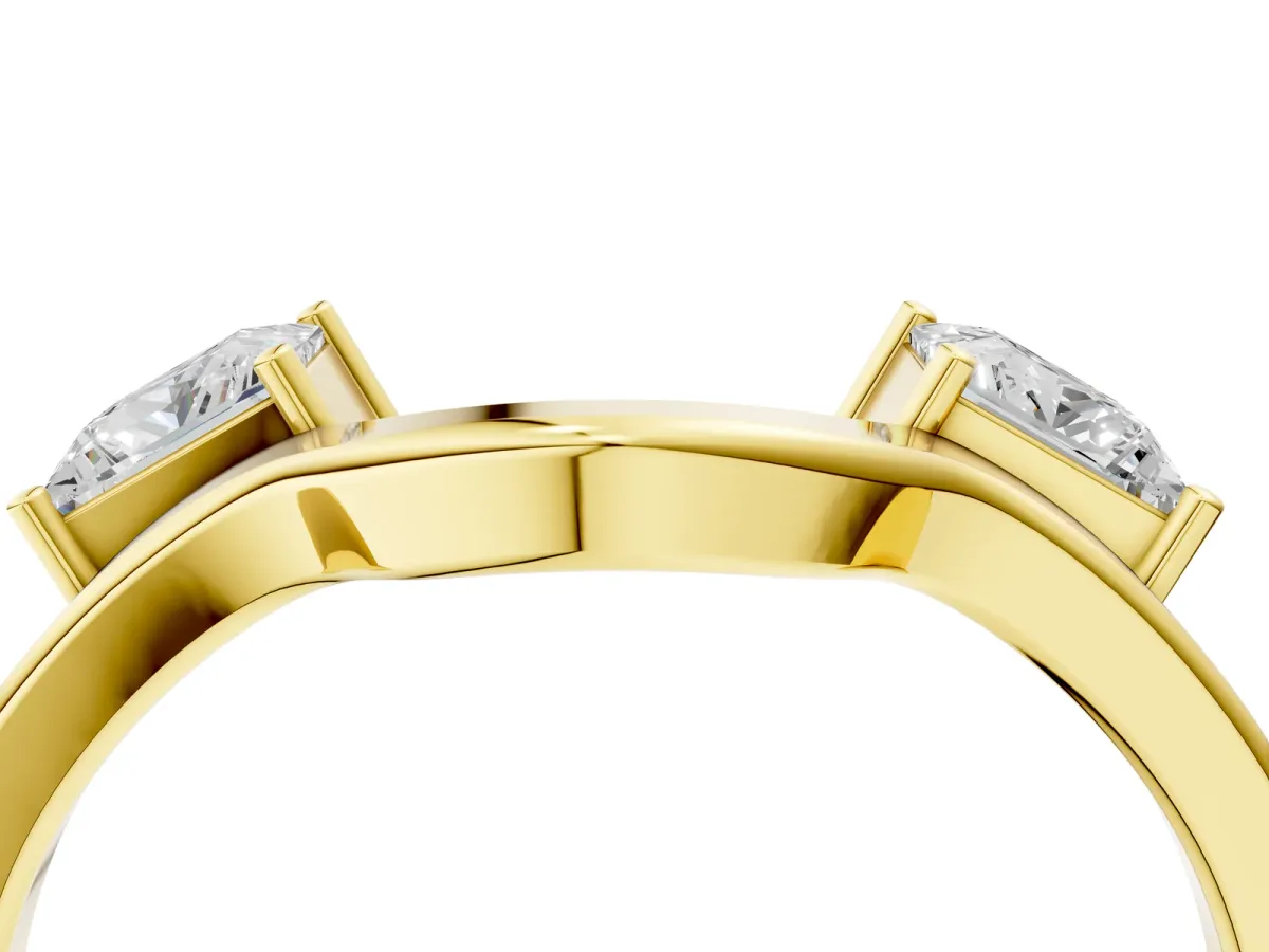 Princess Cut Diamond Two-Stone Open Band Ring with Four-Prong Setting Yellow gold