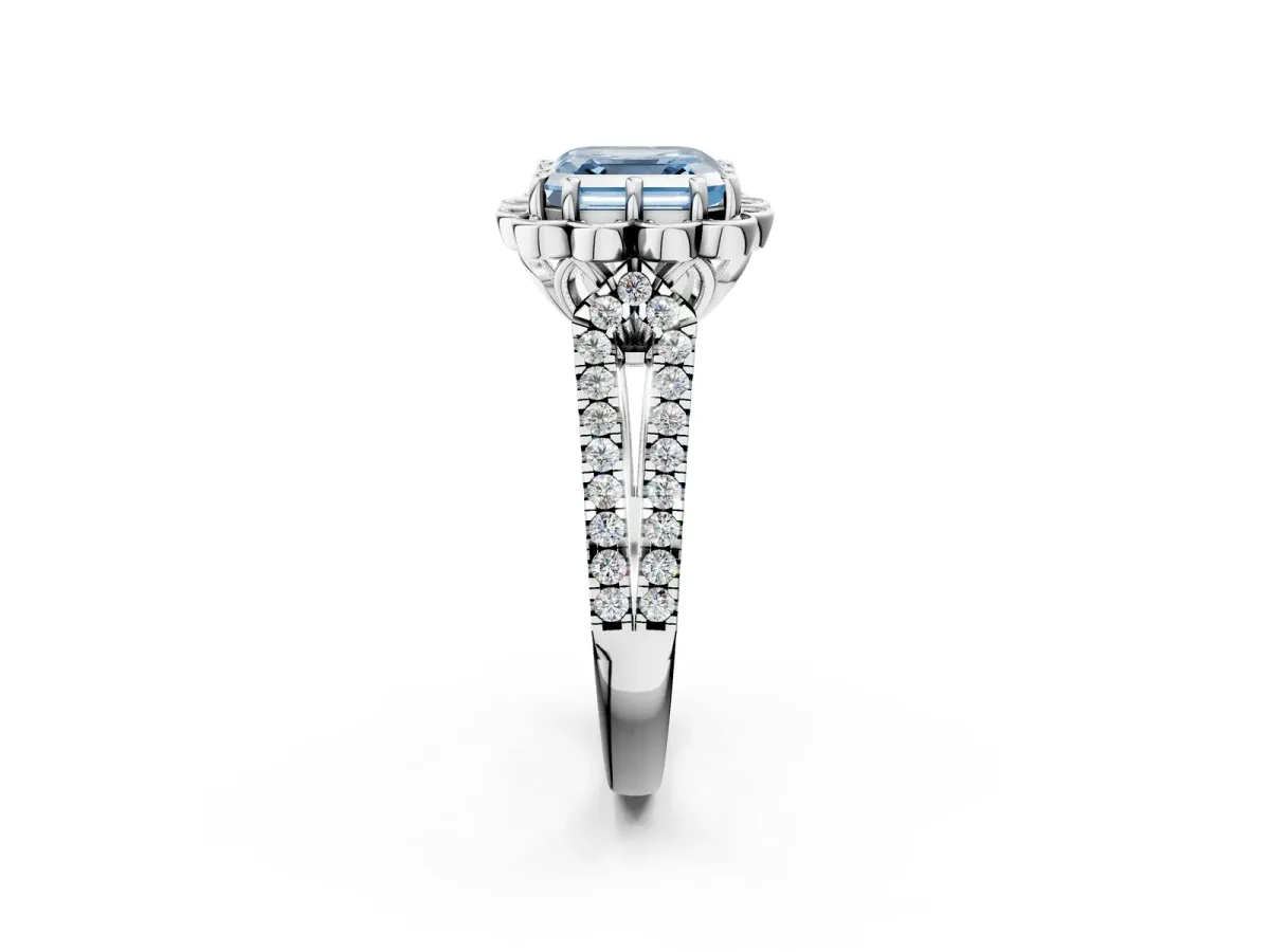 Fancy Blue Asscher Cut Halo Diamond Floral Split Shank Engagement Ring Platinum