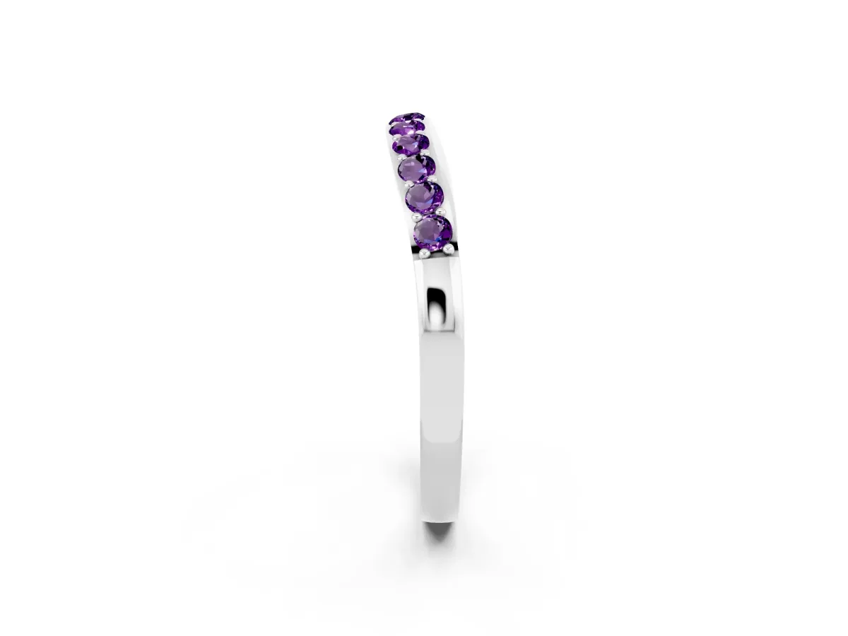 Round Amethyst Curved Wedding Band with Channel Setting Silver