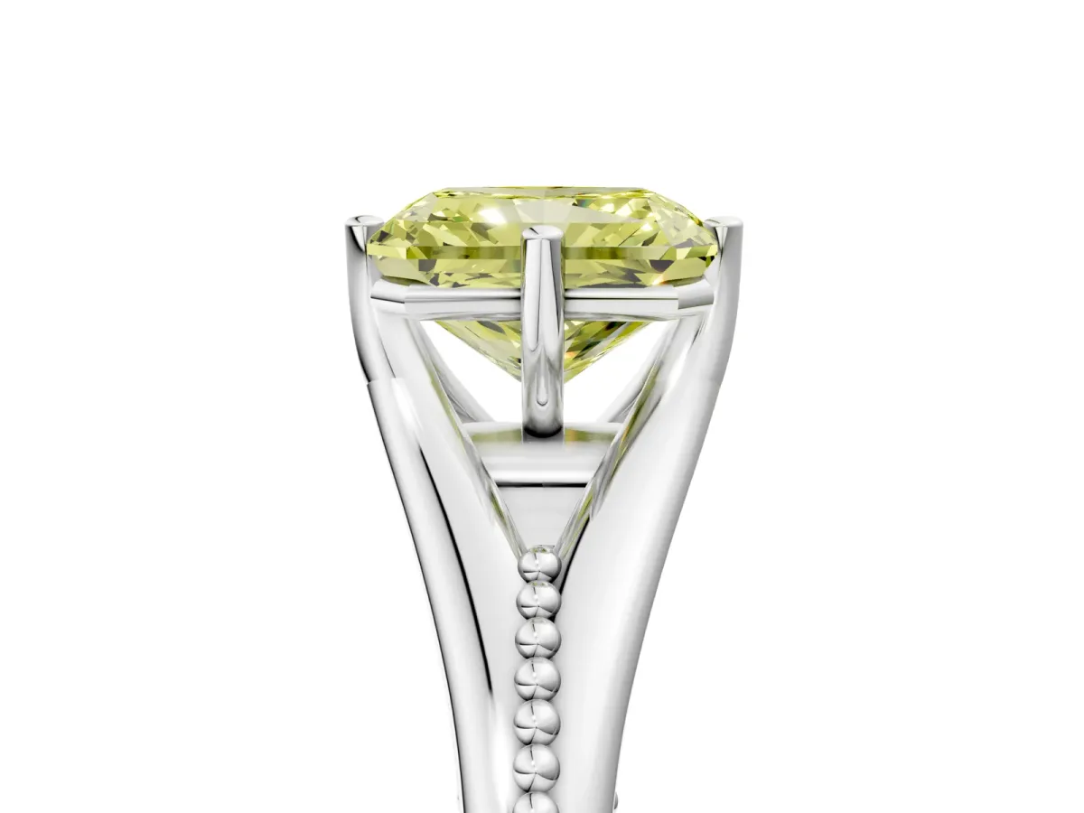 Fancy Yellow Radiant Cut Solitaire Beaded Band Six-Prong Setting Platinum