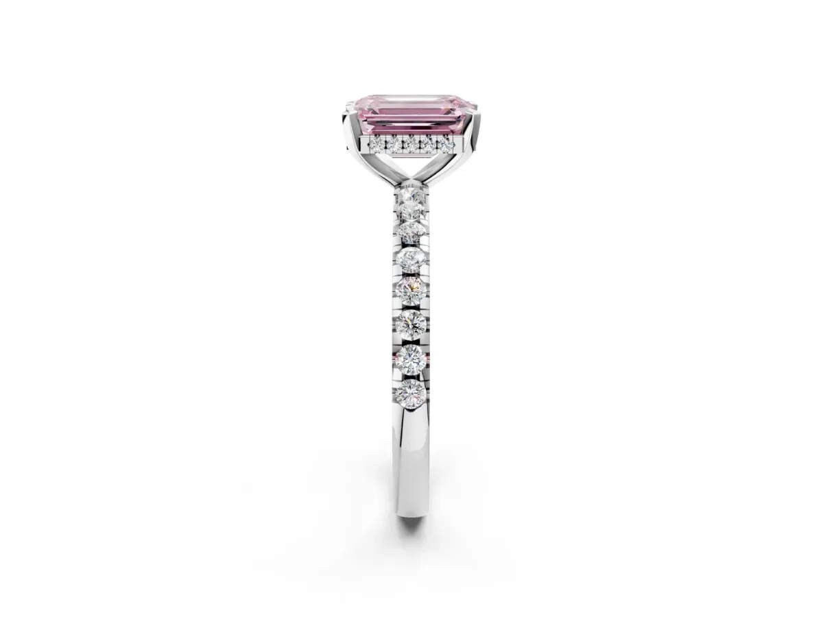 Fancy Pink Emerald Cut Diamond Solitaire Ring with Round Pavé Band and Four-Prong Setting Silver