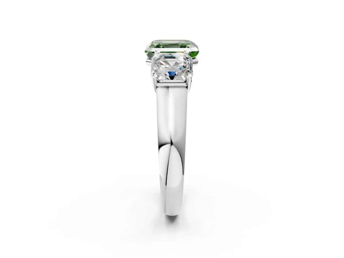 Fancy Green Asscher Cut Three-Stone Diamond Ring with Prong Setting on a Classic Band Platinum
