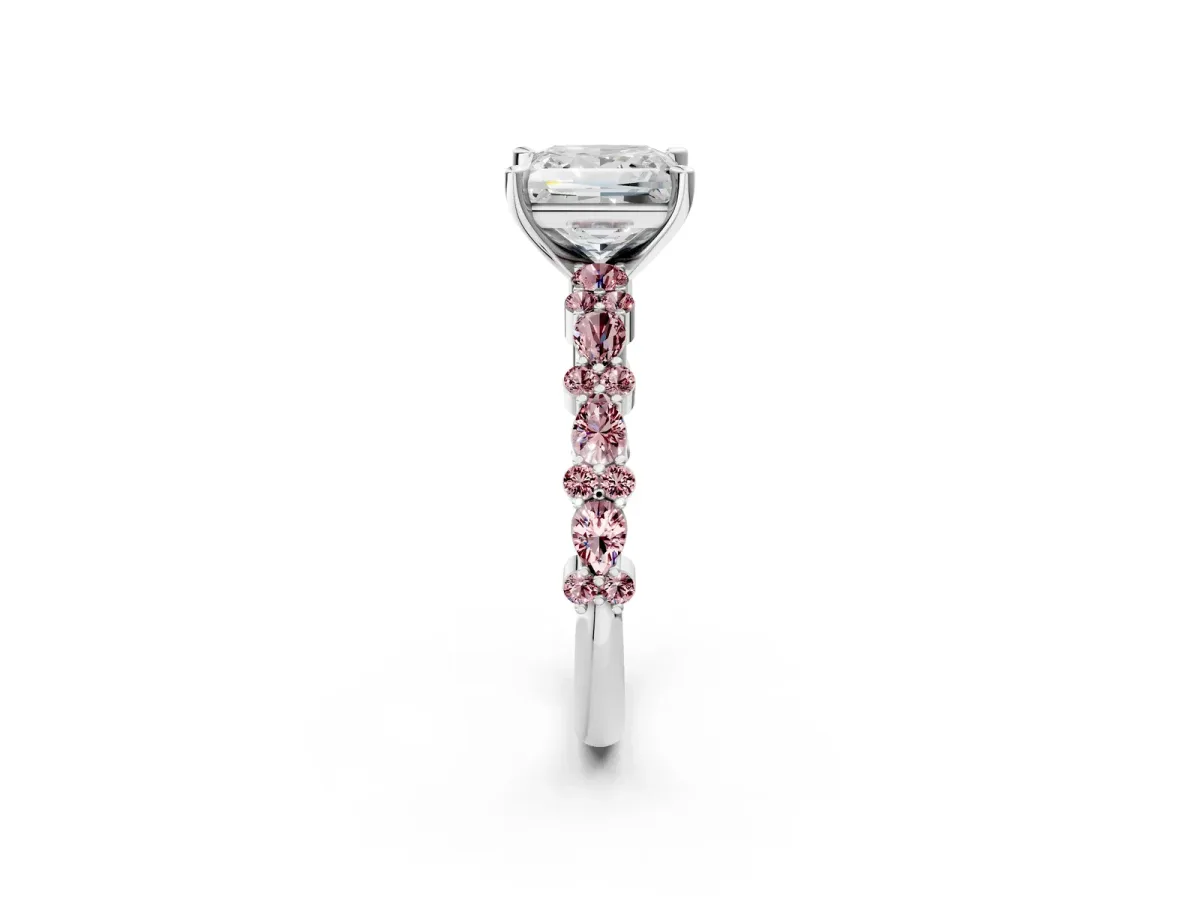 Princess Cut Diamond Side Stone Solitaire Ring with Round Morganite and Four-Prong Setting Silver