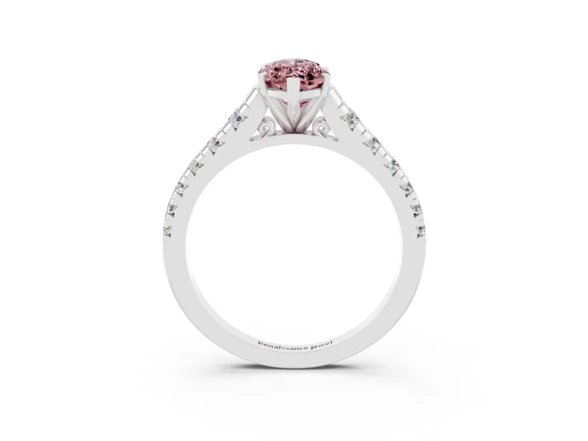Marquise Cut Morganite Cathedral Solitaire Ring with Round Pavé Band Silver